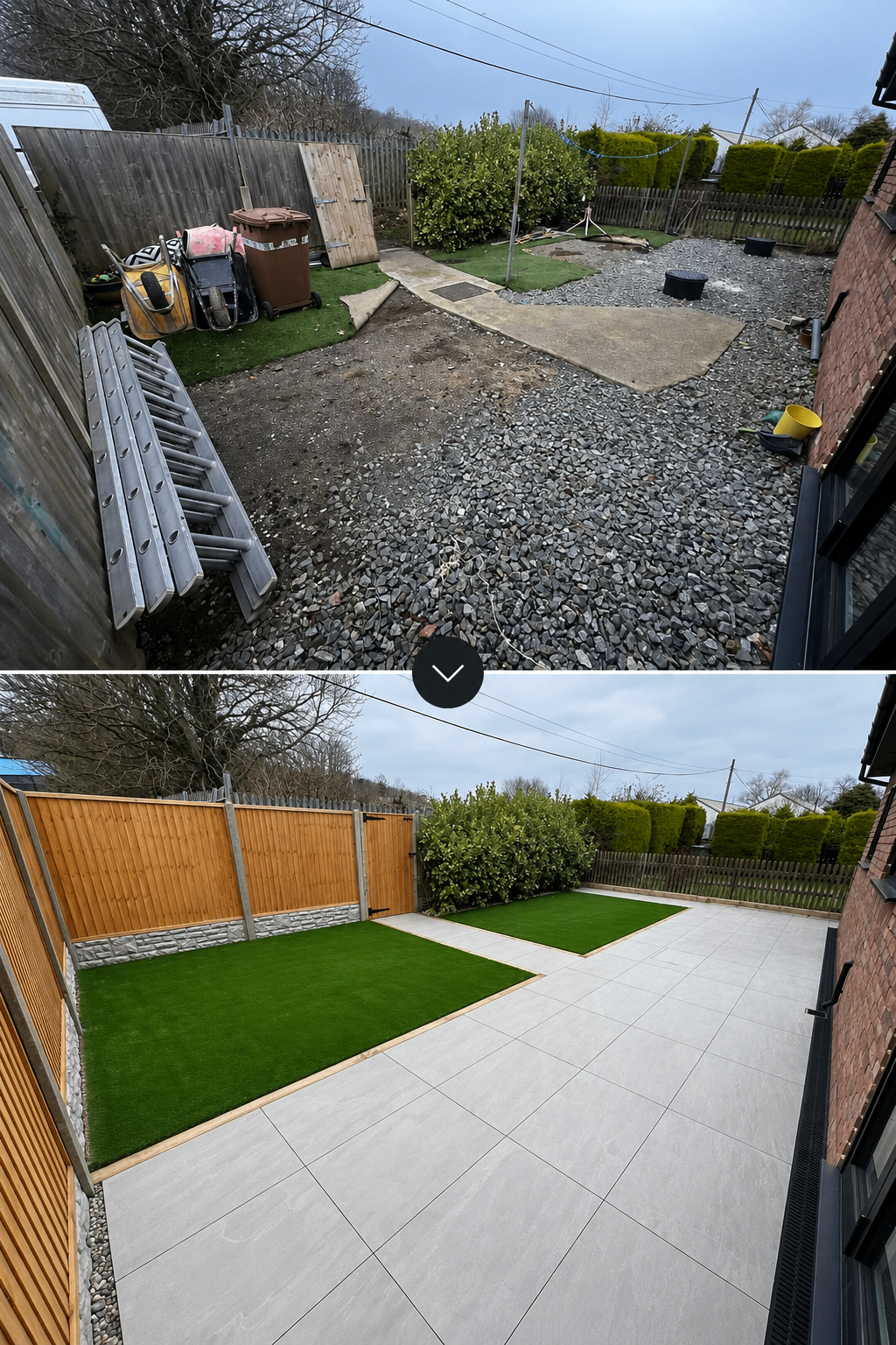Before and after: neglected backyard with gravel and dirt transformed into a modern porcelain patio with artificial grass and new timber fencing